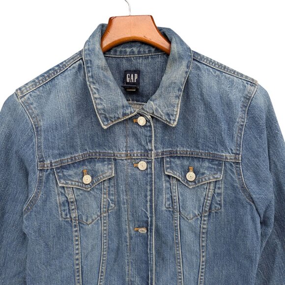 Vtg GAP Jean Trucker Jacket Womens Blue Cotton Denim Button Front Y2K Size L - Picture 4 of 9